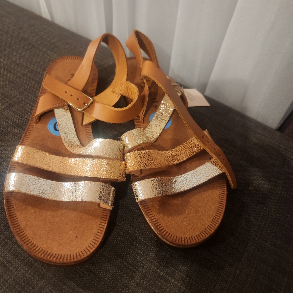 Brown Strappy Sandals with Metallic Gold and Silver Accents